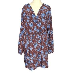 Brown Floral Print‎ V Neck Long Sleeve Smocked Waist Mini Dress Women's
